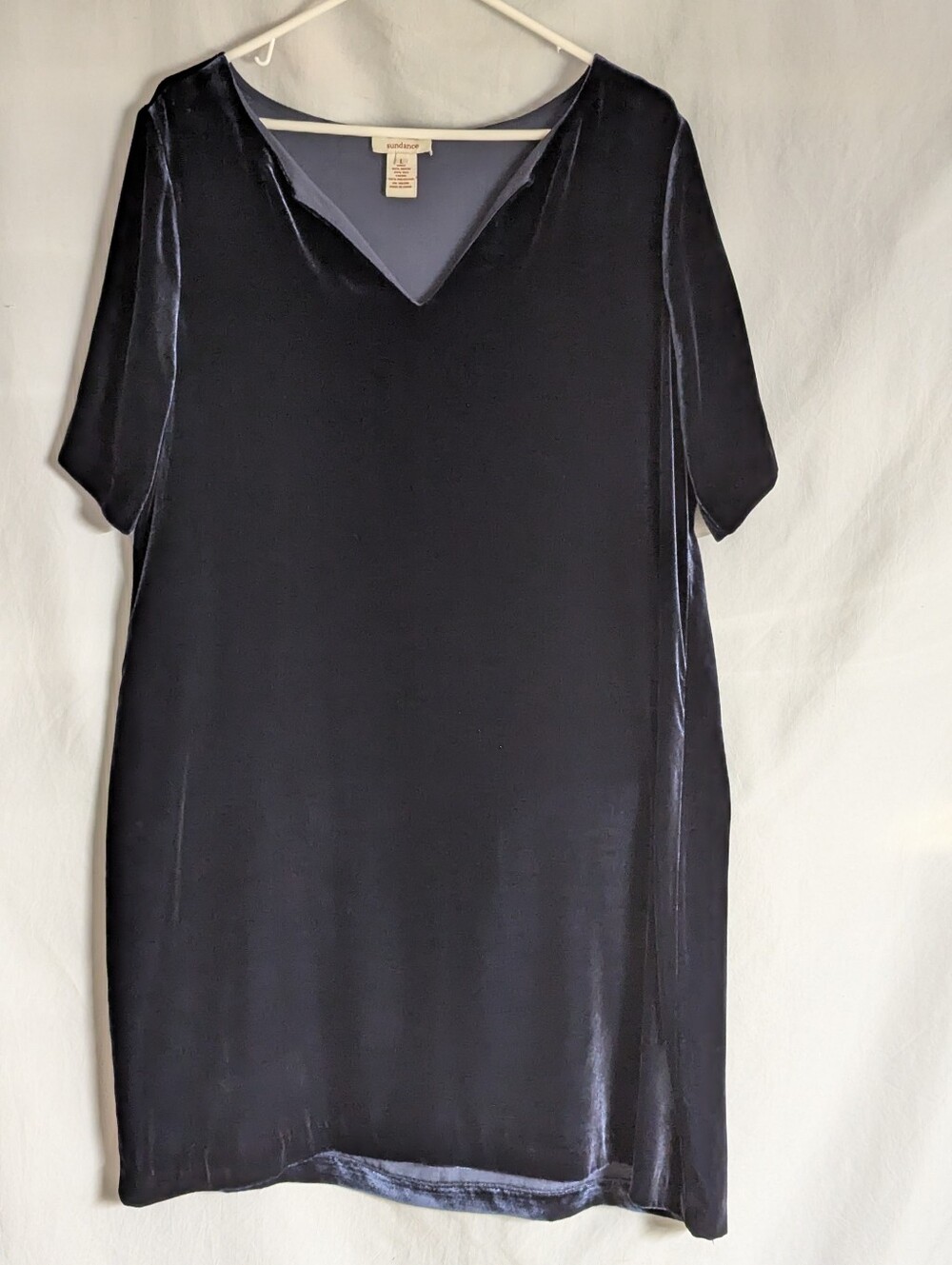 Sundance Navy Blue Silk Blend Velvet Shift Dress Split Collar Sz L